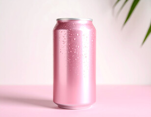 Pink Beverage Can Mockup with Condensation on Light Background