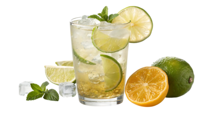 Refreshing tall glass of iced citrus drink with mint and fruit garnish