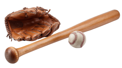 Classic wooden baseball bat and leather glove with ball, background isolated on a Transparent background, PNG file.