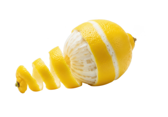 Ripe yellow lemon partially peeled with spiral zest against citrus fruit