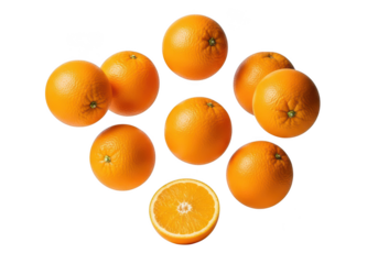 Seven whole oranges and one half orange arranged on fruit citrus