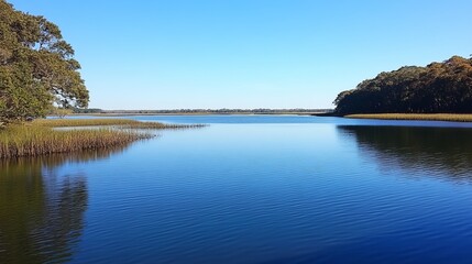 Fototapeta premium Tranquil lake scene, calm water reflecting clear sky