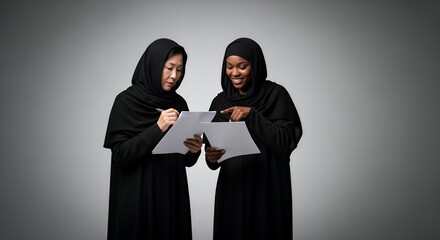 Two women in traditional Muslim attire collaborate on documents, reviewing paperwork together in a serious and focused manner.