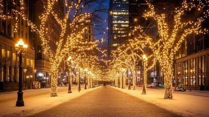 Fototapeta premium City avenue at night, adorned with Christmas lights, snow on the ground