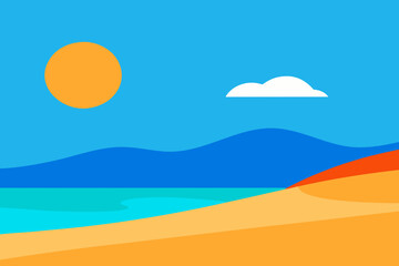 Fototapeta premium Minimalist flat illustration of a bright sunny beach scene with blue sky and ocean