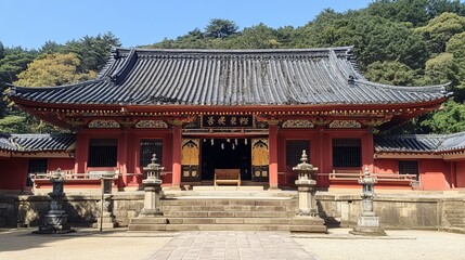 Obraz premium Ancient temple facade, tiered stone steps, dark roof, red walls