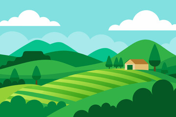 Fototapeta premium Idyllic green countryside landscape with rolling hills and a small farmhouse