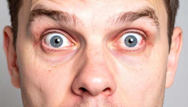 Close-up of a man's face with wide, startled eyes and a slightly open mouth