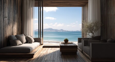 Modern Coastal Living Room Design Ocean View Tranquil Home Decor Relaxing Seaside Apartment Interior
