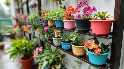 Colorful potted plants arranged on shelves