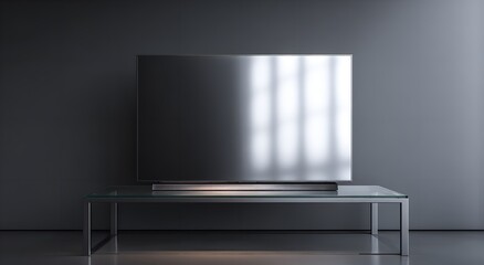 Modern Flat Screen TV on Glass Coffee Table Minimalist Home Interior Design room dark gray decor    