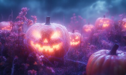 Fototapeta premium Glowing Jack O Lanterns in a Spooky Purple Foggy Field Halloween pumpkin