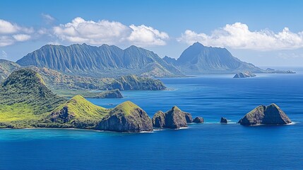 Lush green islands in a vibrant blue ocean.  Mountains rise dramatically in the background