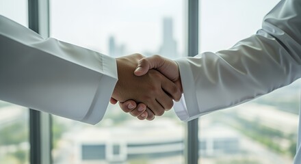 Two men in formal attire shake hands, signifying a successful business agreement or partnership against a modern cityscape backdrop.