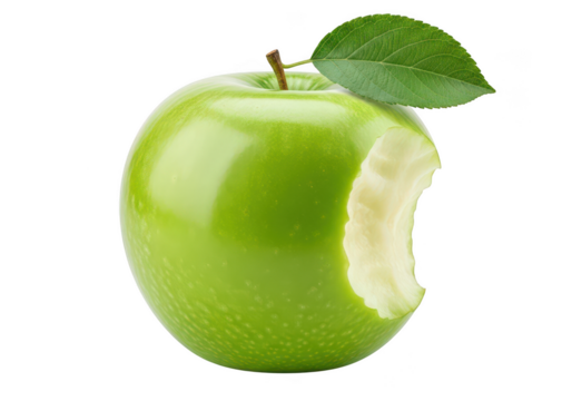 Single vibrant green apple with a fresh bite and leaf on fruit food