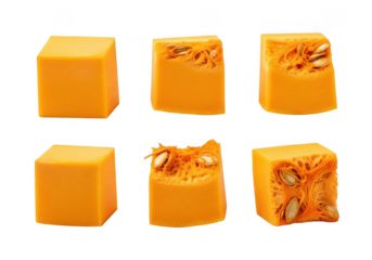 Six bright orange pumpkin cubes with seeds and flesh on squash vegetable