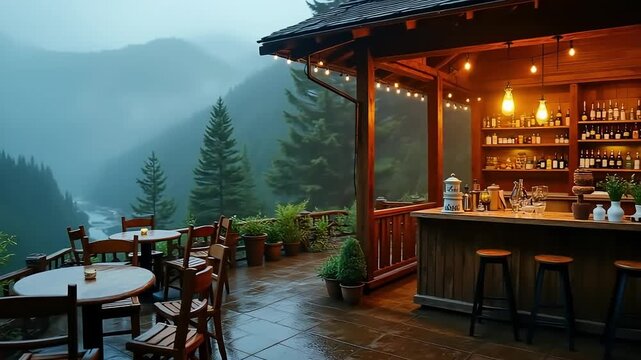 Wooden terrace of a cozy mountain cafe with empty tables, overlooking the misty pine forest after rain. A concept of solitude and reflection