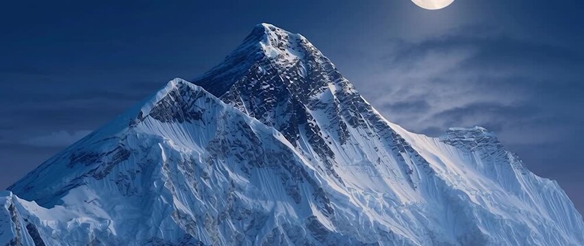 Anamorphic video snow-capped mountain peak bathed in the ethereal glow of a full moon. Ideal for adventure, nature, beauty, tranquility.