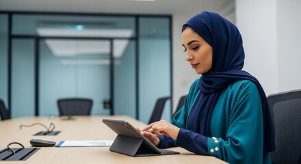 A woman in a hijab uses a tablet computer in a modern , focused on her work.
