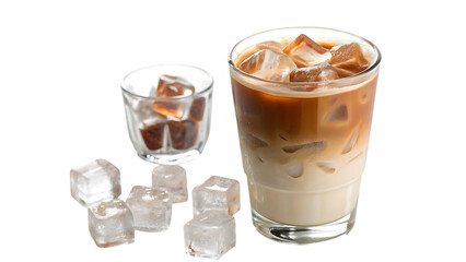 Refreshing iced coffee drink with ice cubes on black background