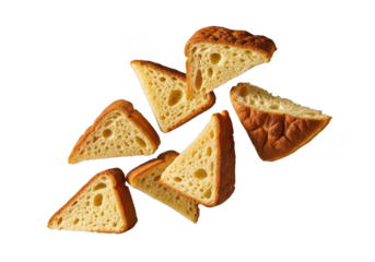 Six triangular slices of golden brown bread with airy crumb texture food baked