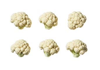 Six white cauliflower florets arranged in two rows on vegetable food