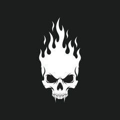 White skull with sharp teeth and flames rising from its head, set against a dark background.