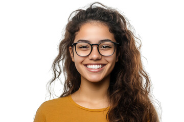 Obraz premium A Young Woman With Long Curly Brown Hair Wearing Black Framed Glasses Smiles Warmly At The Camera Her Eyes Sparkle And Her Teeth Are White And Bright