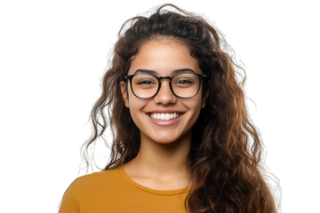 A Young Woman With Long Curly Brown Hair Wearing Black Framed Glasses Smiles Warmly At The Camera Her Eyes Sparkle And Her Teeth Are White And Bright