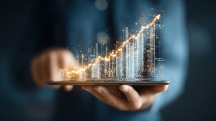 Person holding a tablet showing holographic graphs with rising financial data and business growth
