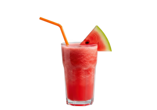 Tall glass of vibrant red watermelon smoothie with slice and orange straw drink beverage