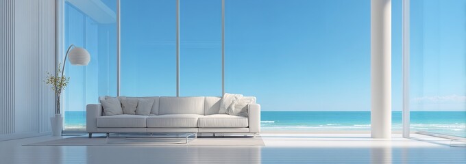 Modern White Sofa Beachfront Living Room Ocean View Luxury Interior Design sky home calm airy blue  