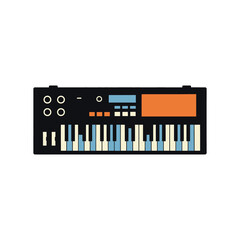 Fototapeta premium Illustration of a black synthesizer with white, blue, and tan keys, featuring knobs, buttons, and a screen.