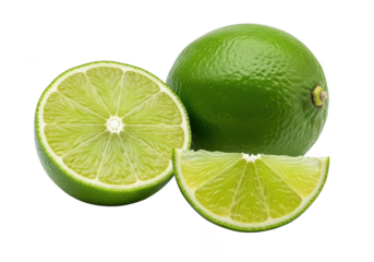 Three vibrant fresh limes one whole one halved and one slice on citrus fruit