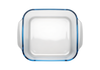 Top down studio shot of a clean white square glass baking dish with blue trim image