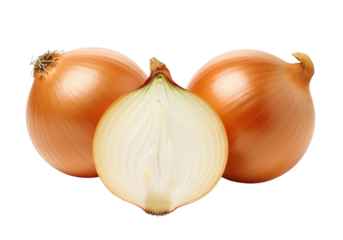 Three yellow onions one halved on a vegetable food