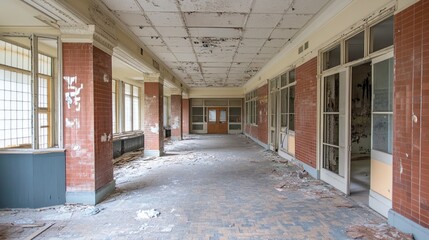 Empty, decaying hallway of an abandoned building, with exposed brick walls, crumbling ceiling, and scattered debris