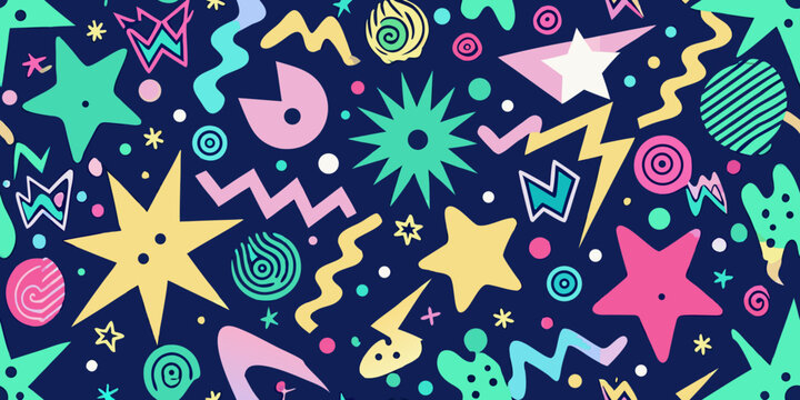 Abstract vector shape collection featuring bold squiggles, stars, dots, zigzags, and quirky curves in neon and pastel colors, ideal for branding, patterns, and creative graphic design

