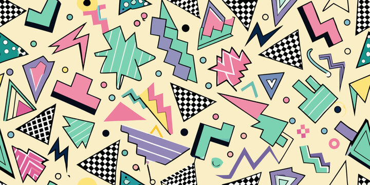 Seamless retro 80s doodle wallpaper with pastel checkerboards, triangles, wavy arrows, and plus signs, nostalgic abstract vector layout for creative backgrounds and pop culture design

