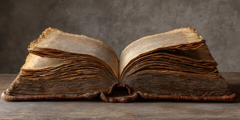 Vintage open book with aged yellowed pages centered on grungy textured background, soft brown tones, ideal for copy space and nostalgic themes.