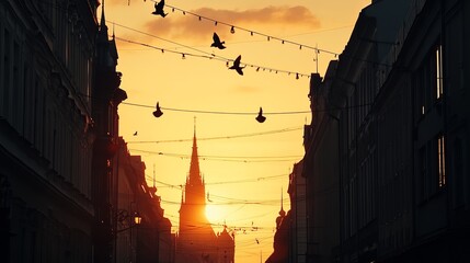 Silhouetted city street at golden sunset, birds in flight
