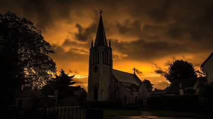 Naklejka premium Church at sunset, dramatic sky