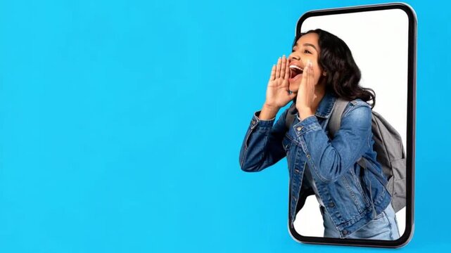 Happy young woman shouts with hands cupped, emerging from a smartphone screen on a blue background. Concept of digital communication, social media, and online promotion.