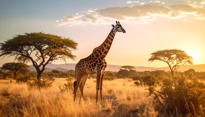 Obraz premium Giraffe in the Savannah at Sunset: A majestic giraffe stands tall in the heart of the African savanna, its iconic pattern contrasting against the warm hues of the setting sun, framed by acacia trees.
