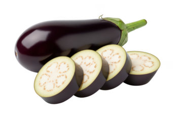Whole dark purple eggplant with four sliced pieces on aubergine vegetable