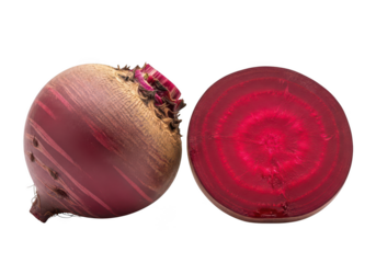 Whole and halved vibrant red beet root on beetroot vegetable