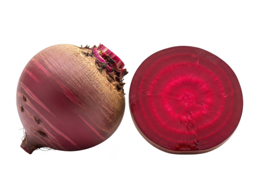Whole and halved vibrant red beet root on beetroot vegetable