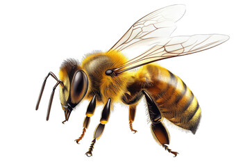 A Close-up Detailed Illustration Of A Honeybee With Its Wings Spread Isolated On A Transparent Background The Bee Has A Yellow And Brown Striped Abdomen Large Dark Brown Eyes And Black Legs