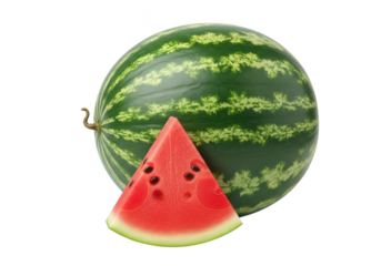 Whole ripe watermelon with a triangular slice showing seeds and red flesh fruit food