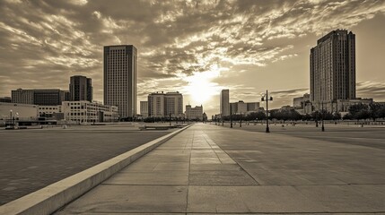 Fototapeta premium Empty city avenue at dawn, sepia-toned. Skyscrapers line horizon